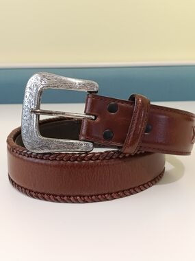 Vintage Wrangler Belt Mens 38 Brown Leather Silver Concho V Stitched Western